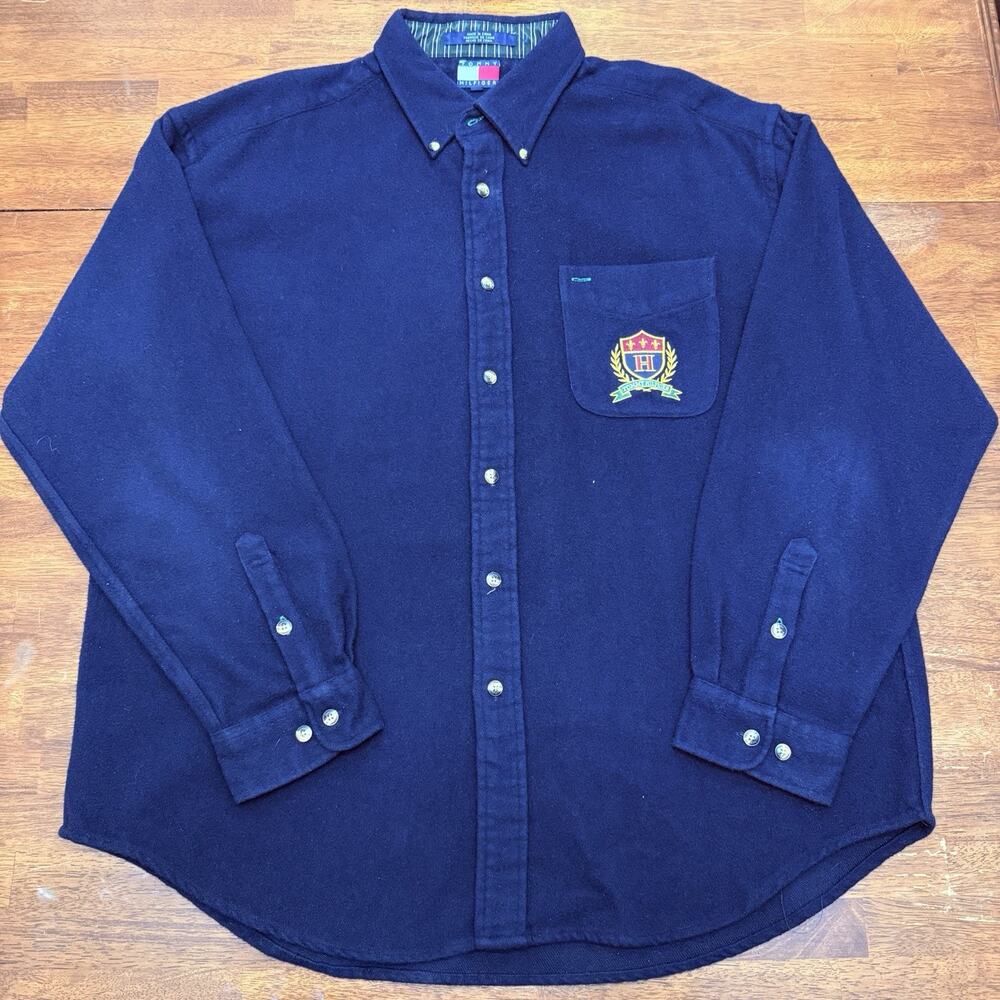 Vtg Tommy Hilfiger Wool Blend Blue Button Down Shirt Pocket Crest Men's XL